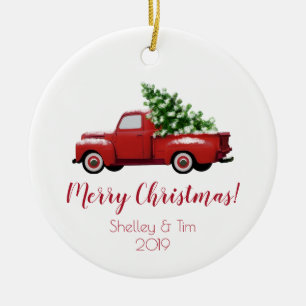 Vintage roter Pick-up-Truck Frohe Weihnachten Keramik Ornament