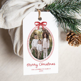 Vintage roter Schleifen-Weihnachtsfoto-Feiertag Geschenkanhänger