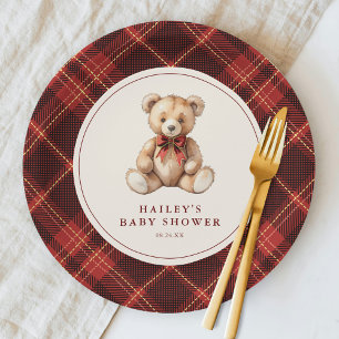 Vintage roter Schottenmuster-Teddybär-Baby-Shower Pappteller