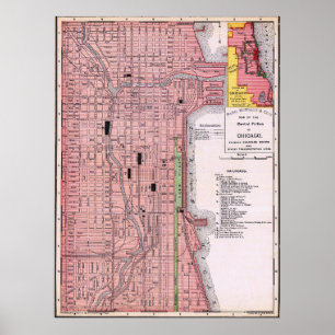 Vintage roter Stadtplan von Chicago Poster 1897