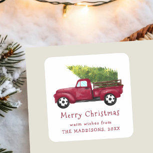 Vintage roter Wasserfarben-Weihnachts-LKW  Quadratischer Aufkleber