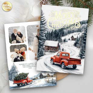 Vintage roter Weihnachts-LKW 3-Foto-Collage Gold Folien Feiertagskarte