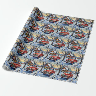 Vintage roter Weihnachts-LKW auf verschneiter Land Geschenkpapier