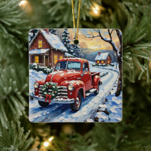 Vintage roter Weihnachts-LKW auf verschneiter Land Keramikornament