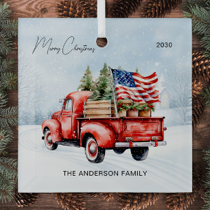 Vintage roter Weihnachts-LKW Farmhouse USA-Flagge Ornament Aus Glas