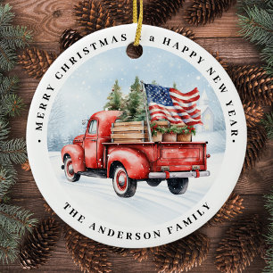 Vintage roter Weihnachts-LKW Patrioten-USA-Flagge Keramik Ornament