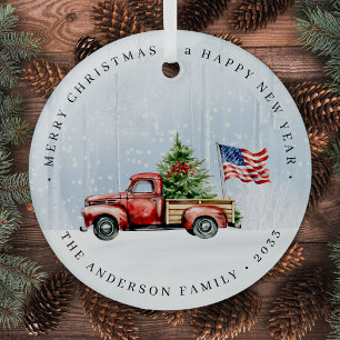 Vintage roter Weihnachts-LKW Patrioten-USA-Flagge Ornament Aus Glas