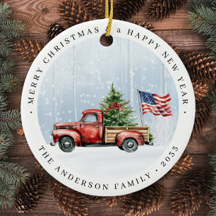 Vintage roter Weihnachts-LKW patriotische USA-Flag Keramik Ornament