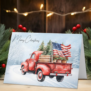 Vintage roter Weihnachts-LKW USA-Flagge Patriotisc Feiertagskarte