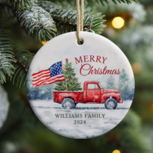 Vintage roter Weihnachts-LKW Weihnachtsbaum-Flagge Keramik Ornament