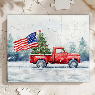 Vintage roter Weihnachts-LKW Weihnachtsbaum-Flagge Puzzle