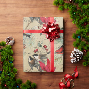 Vintage roter Weihnachtsstern Vögel Schrift Weihna Geschenkpapier