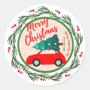 Vintage rotes Auto Frohe Weihnachten personalisier Runder Aufkleber