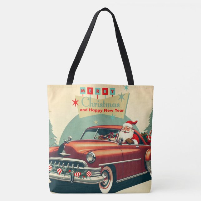 Vintage rotes Auto & Weihnachtsmann (Vorderseite)