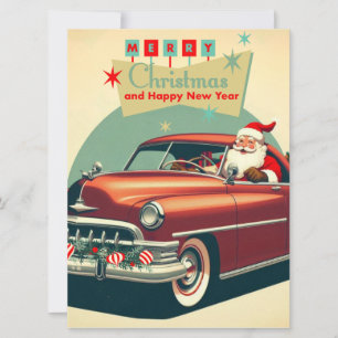 Vintage rotes Auto & Weihnachtsmann Feiertagskarte