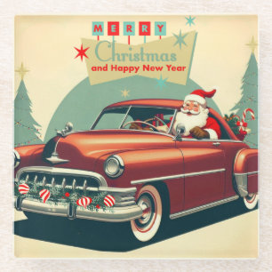 Vintage rotes Auto & Weihnachtsmann Glasuntersetzer