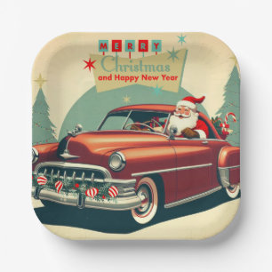 Vintage rotes Auto & Weihnachtsmann Pappteller