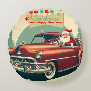 Vintage rotes Auto & Weihnachtsmann Rundes Kissen