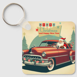 Vintage rotes Auto & Weihnachtsmann Schlüsselanhänger