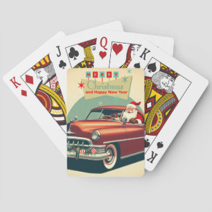 Vintage rotes Auto & Weihnachtsmann Spielkarten