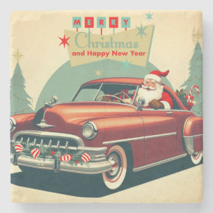 Vintage rotes Auto & Weihnachtsmann Steinuntersetzer