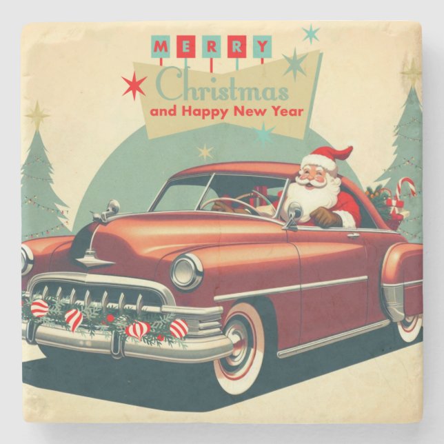 Vintage rotes Auto & Weihnachtsmann Steinuntersetzer (Vorderseite)
