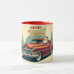 Vintage rotes Auto & Weihnachtsmann Tasse