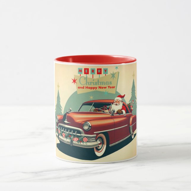 Vintage rotes Auto & Weihnachtsmann Tasse (Zentrum)
