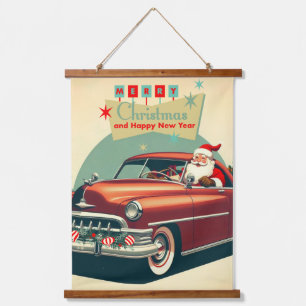 Vintage rotes Auto & Weihnachtsmann Wandteppich Mit Holzrahmen