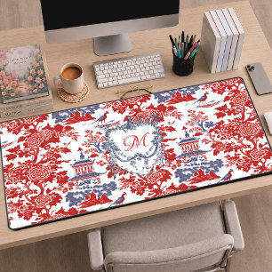 Vintage Rotes Blaues Delft-Chinoiserie-Monogramm Schreibtischunterlage