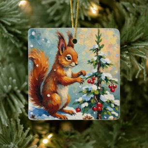 Vintage rotes Eichhörnchen Tannen-Weihnachten Keramikornament