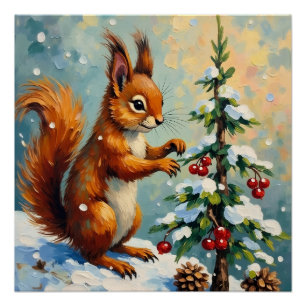 Vintage rotes Eichhörnchen Tannenbaum Weihnachten Poster