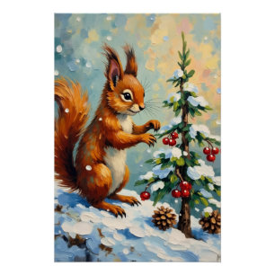 Vintage Rotes Eichhörnchen Tannenbaum Weihnachten Poster