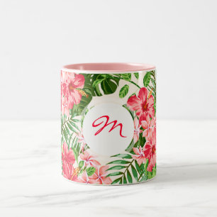 Vintage rotes Hibiskus-Muster Monogramm-Tasse Zweifarbige Tasse