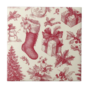 Vintage rotes Toile-Christmismuster mit Strümpfen Fliese