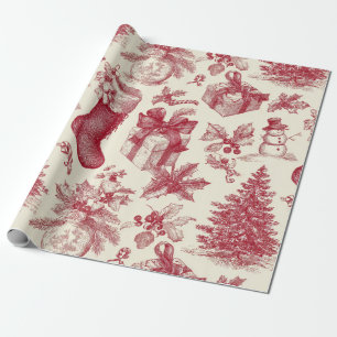 Vintage rotes Toile-Christmismuster mit Strümpfen Geschenkpapier