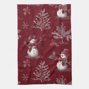 Vintage rotes Toile-de-Jouy-Christmashaus - Schnee Geschirrtuch