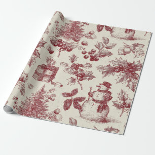 Vintage rotes Toile-de-Jouy-Christnachts-Botanik - Geschenkpapier