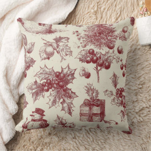 Vintage rotes Toile-de-Jouy-Christnachts-Botanik - Kissen