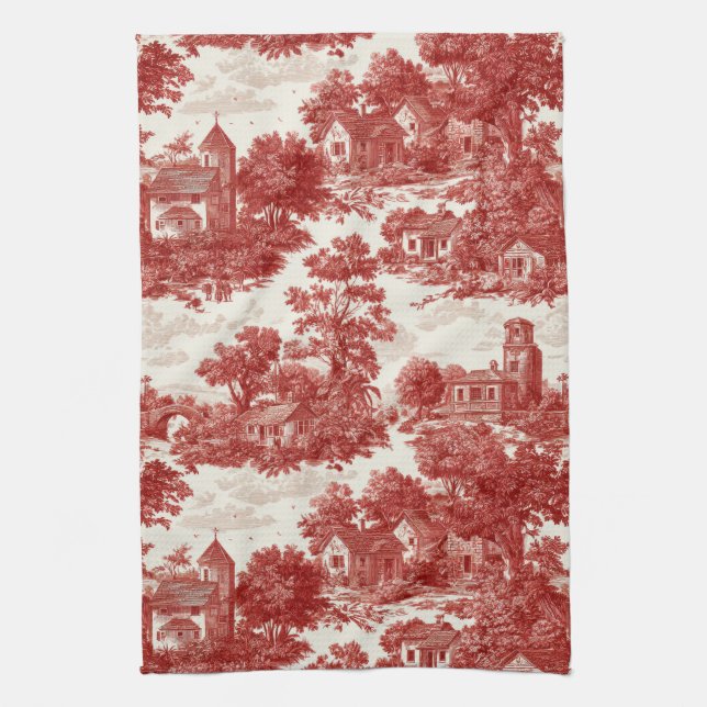 Vintage rotes Toile-Landschaftsnaturmuster Geschirrtuch (Vertikal)