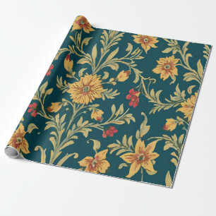 Vintage rotes und gelbes Blumenmuster auf dunkelbl Geschenkpapier