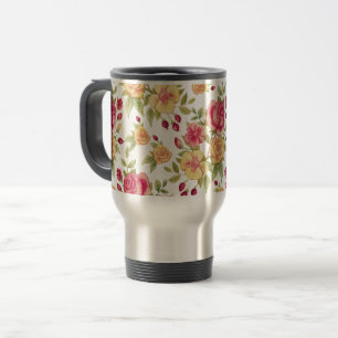 Vintage rotes und gelbes Rosen- und Rosenknospenmu Reisebecher