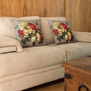 Vintage Rotgelbe Rosen Schmetterlinge Bienen Kissen