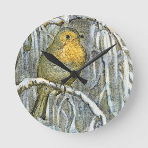 Vintage Rotkehlchen auf einem schneebedeckten Ast Runde Wanduhr