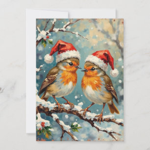 Vintage Rotkehlchen mit Weihnachtsmannmützen auf s Feiertagskarte