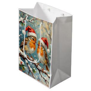 Vintage Rotkehlchen mit Weihnachtsmannmützen auf s Mittlere Geschenktüte