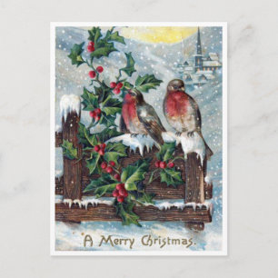 Vintage Rotkehlchen und Stechpalme Frohe Weihnacht Postkarte