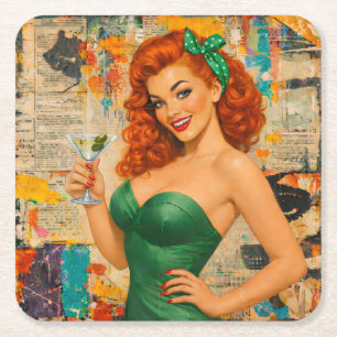 Vintage Rotschopf-Pin-Up-Martini-Girl – Retro-Glam Rechteckiger Pappuntersetzer