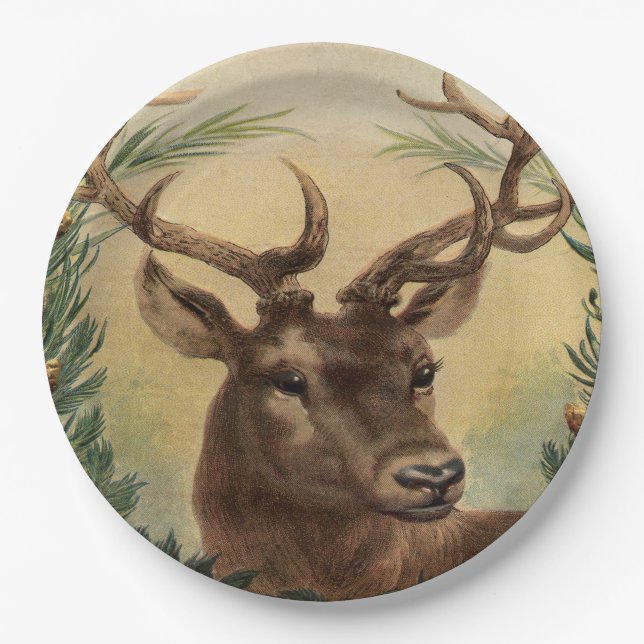 Vintage Rotwild-Dollar-Hirsch-Natur-rustikales Pappteller (Vorderseite)