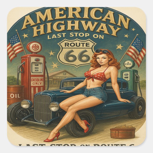 Vintage Route 66 Amerikanische Autobahn Quadratischer Aufkleber (Vorderseite)